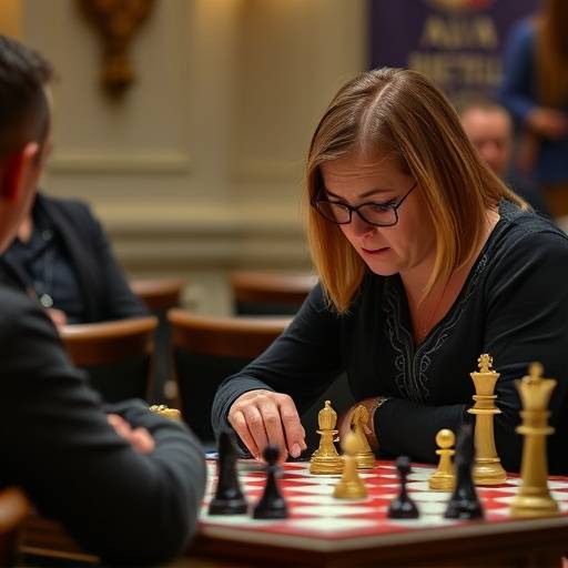 Beth Harmon (Anya Taylor-Joy) concentrada jogando xadrez em um torneio, com um tabuleiro iluminado ao seu frente