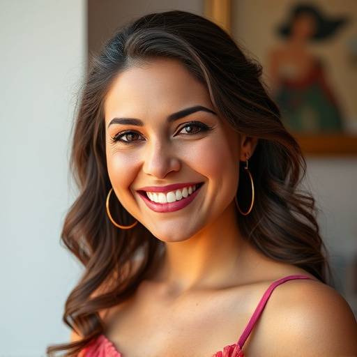 Foto vibrante da atriz Maria Garcia com um sorriso caloroso.